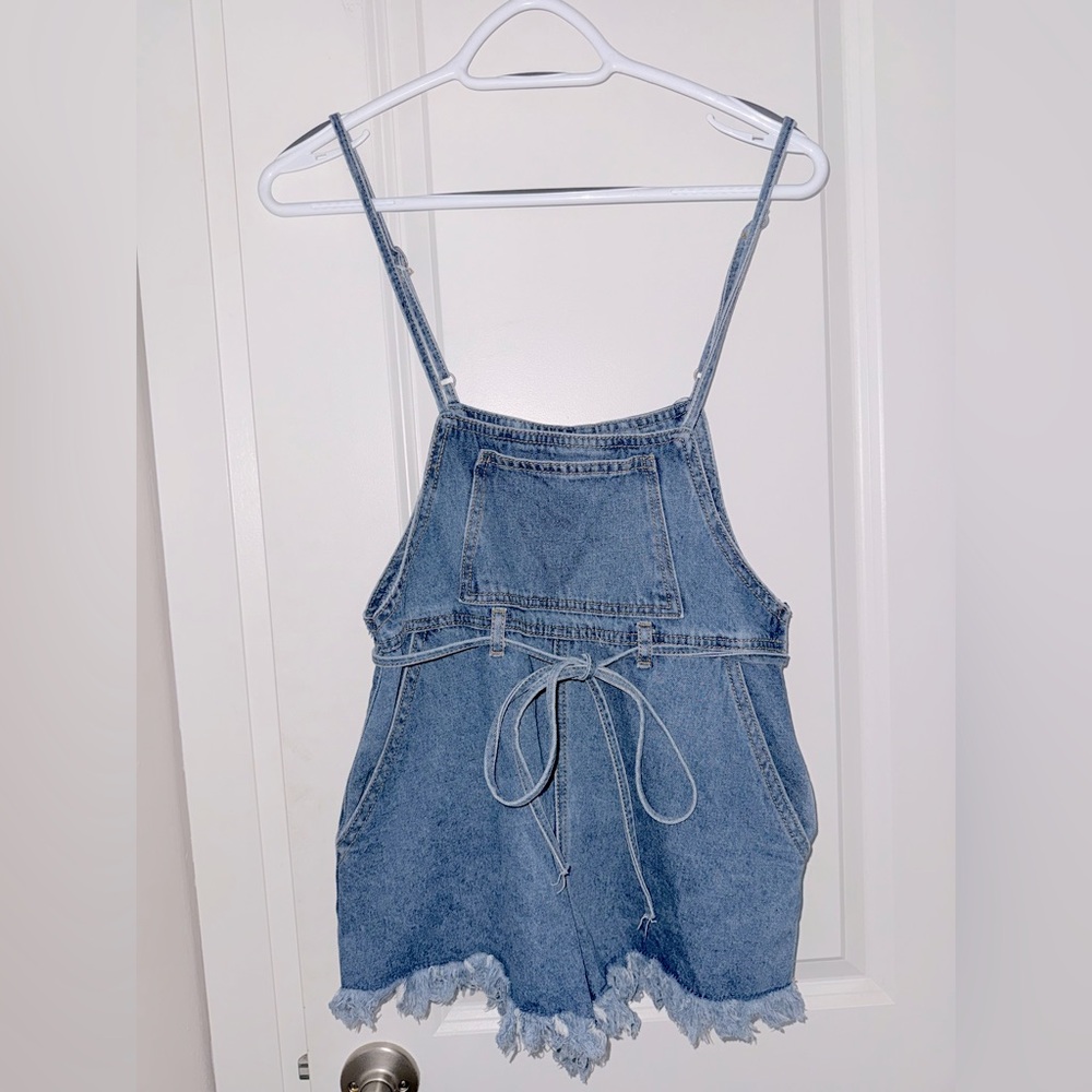 Denim Overall Shorts with Frayed Hem